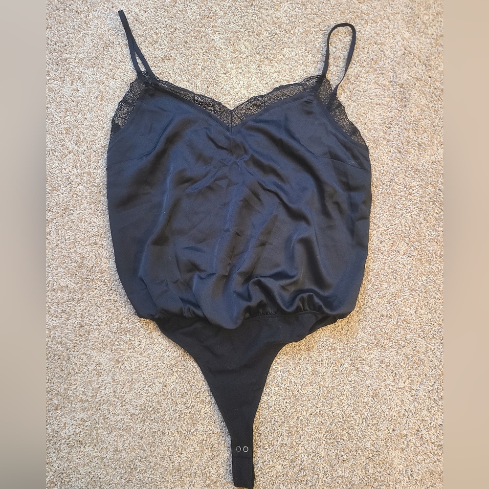 Abercrombie & Fitch Black Silky Lace Trim Cami Bodysuit